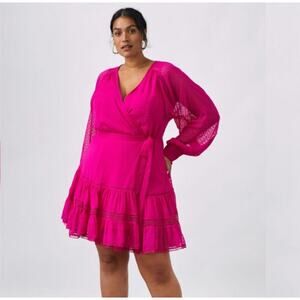 Not So Serious Anthro Swiss Dot Smocked Cuffs Wrap Mini Dress Pink Women XL NWT